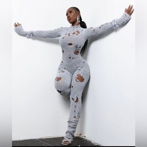 One Piece Ribbed Knit Bodycon Jumpsuits Stacked Pants